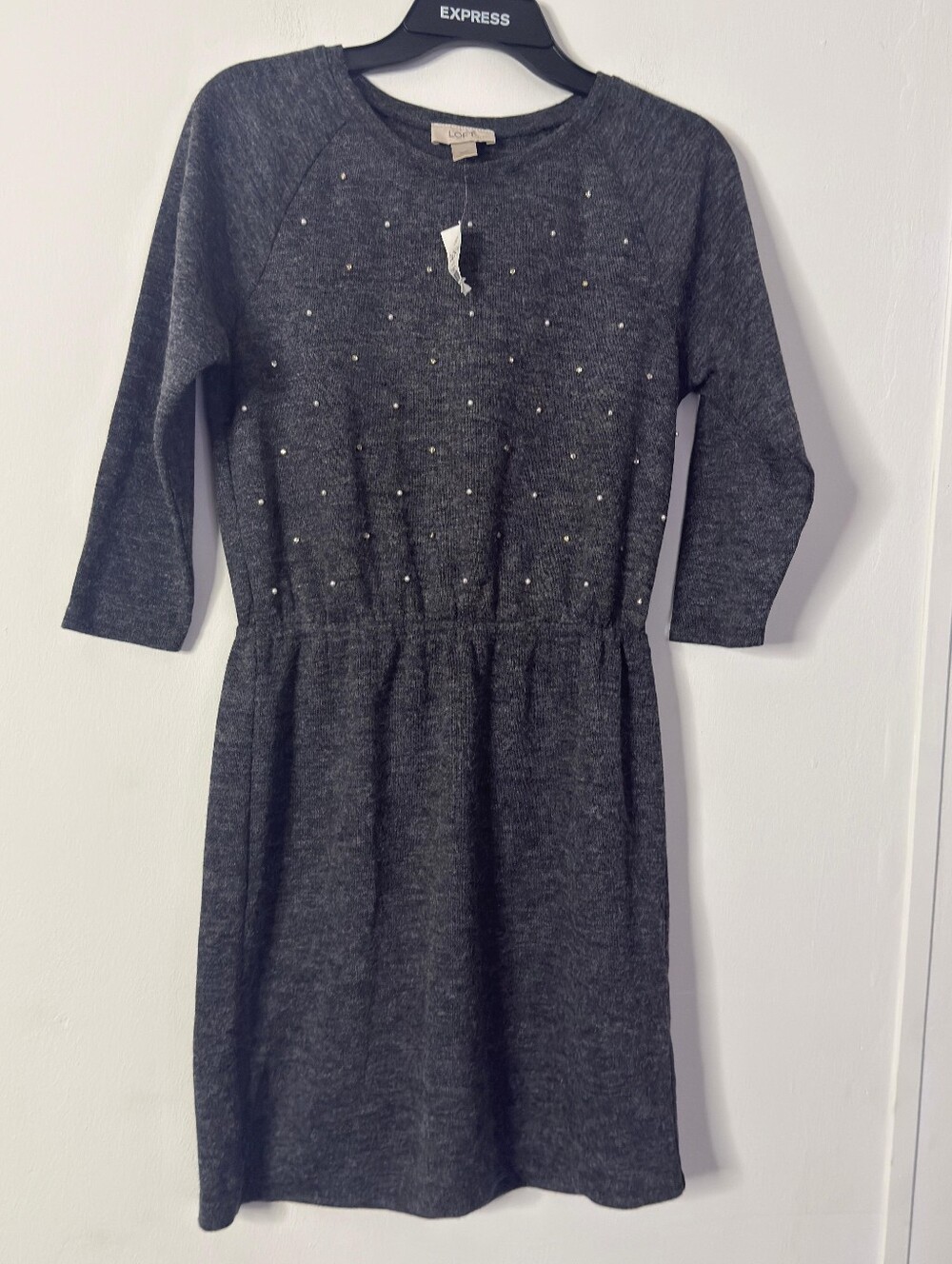 LOFT Charcoal Gray Knit Dress with Pearl Accents Size Xs Petite